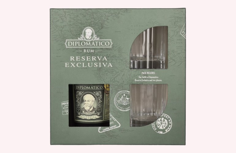 Diplomático RESERVA EXCLUSIVA Ron Antiguo 40% Vol. 0,7l en boîte cadeau avec 2 Verres