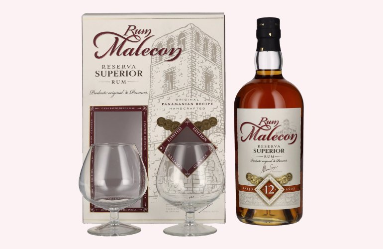 Rum Malecon Añejo 12 Años Reserva Superior 40% Vol. 0,7l en boîte cadeau avec 2 Verres