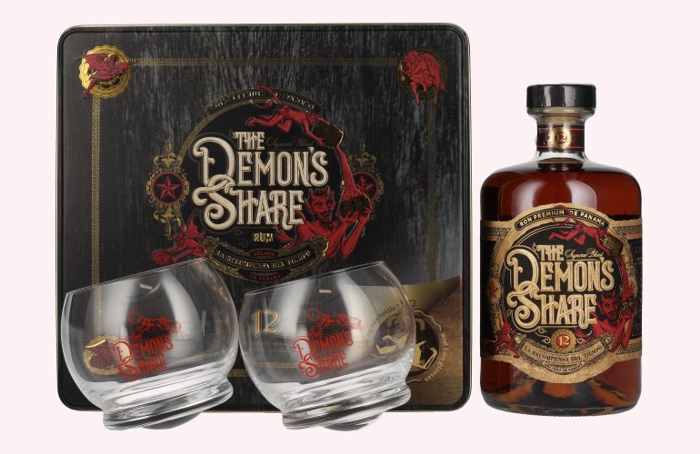 The Demon's Share Superior Blend Rum 12 Years Old 41% Vol. 0,7l in Tinbox met 2 Bril