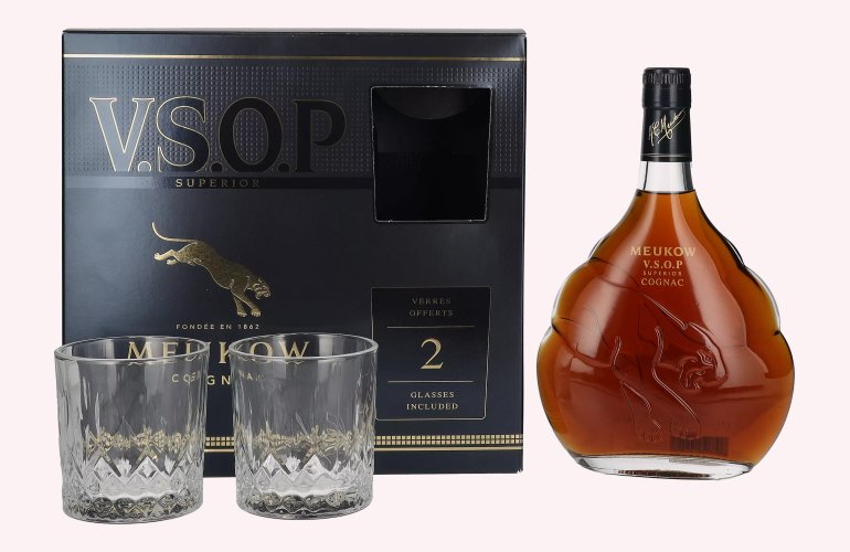 Meukow V.S.O.P Superior Cognac 40% Vol. 0,7l in geschenkverpakking met 2 Bril