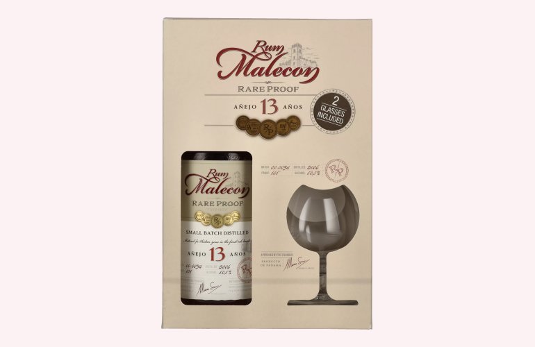 Rum Malecon Añejo 13 Años RARE PROOF 2006 50,5% Vol. 0,7l in geschenkverpakking met 2 Bril