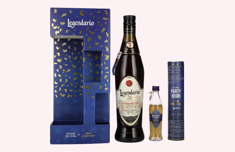 Legendario Elixir de Cuba Christmas Edition 34,3% Vol. 0,7l en boîte cadeau avec 1 Miniatur 0,05l et Konfettikanone