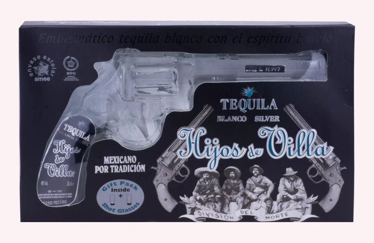 Hijos de Villa Tequila Blanco Silver 40% Vol. 0,2l in geschenkverpakking met 2 Shotgläsern