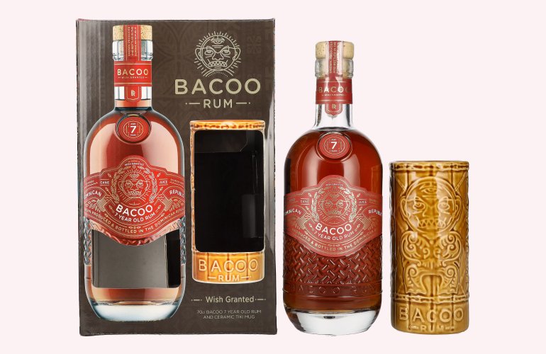 Bacoo 7 Years Old Rum 40% Vol. 0,7l en boîte cadeau avec Tiki Mug