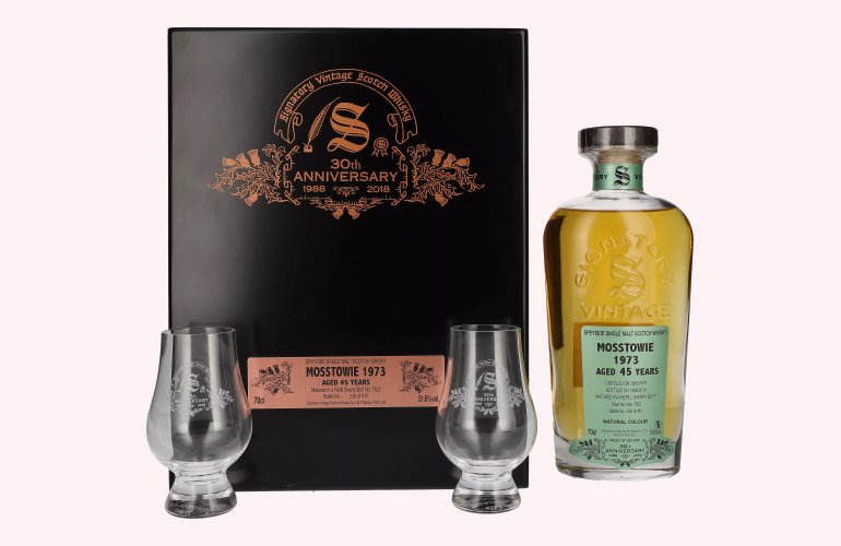 Signatory Vintage MOSSTOWIE 45 Years Old 30th ANNIVERSARY 1973 51,6% Vol. 0,7l in Holzkiste avec 2 Verres