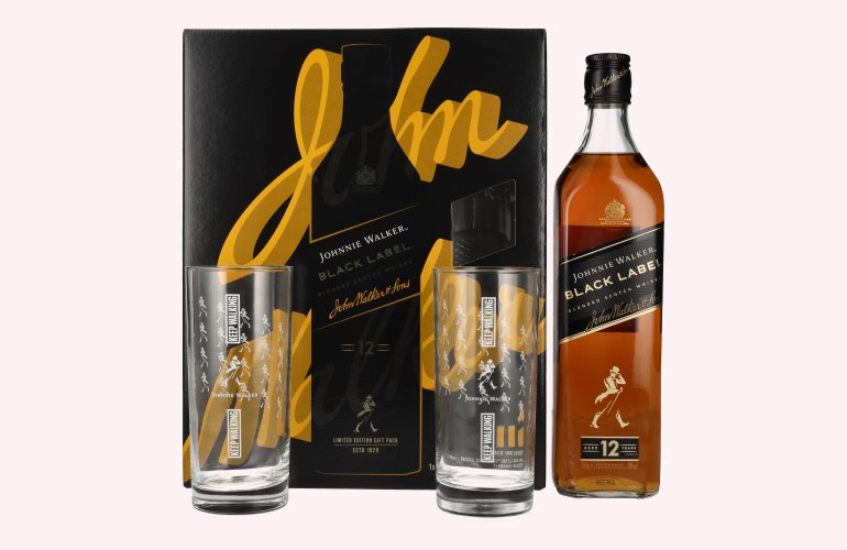 Johnnie Walker BLACK LABEL 12 Years Old Blended Scotch Whisky 40% Vol. 0,7l en boîte cadeau avec 2 Highballgläsern