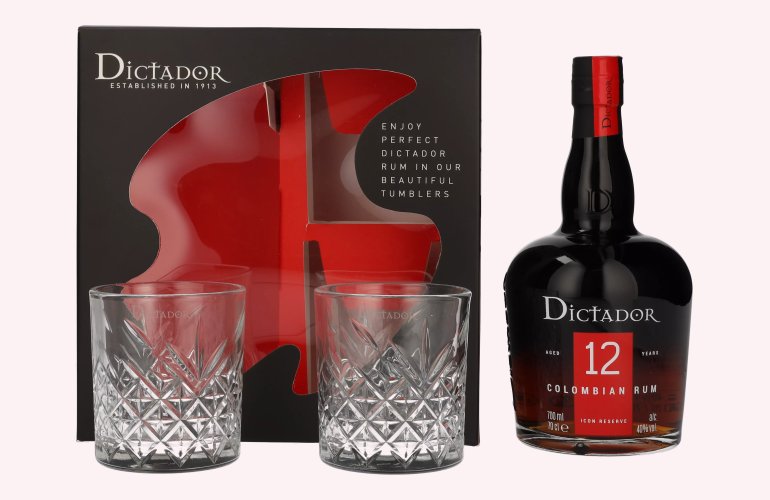 Dictador 12 Years Old ICON RESERVE Colombian Rum 40% Vol. 0,7l en boîte cadeau avec 2 Verres