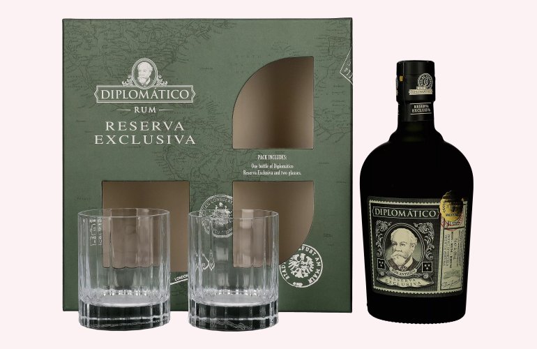 Diplomático RESERVA EXCLUSIVA Ron Antiguo 40% Vol. 0,7l en boîte cadeau avec 2 Verres