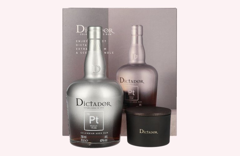 Dictador PLATINUM Colombian Aged Rum 40% Vol. 0,7l en boîte cadeau avec Kerze