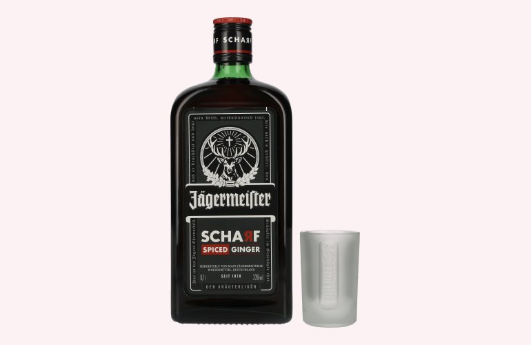 Jägermeister SCHARF SPICED Ginger Kräuterlikör 33% Vol. 0,7l en boîte cadeau avec Shotglas