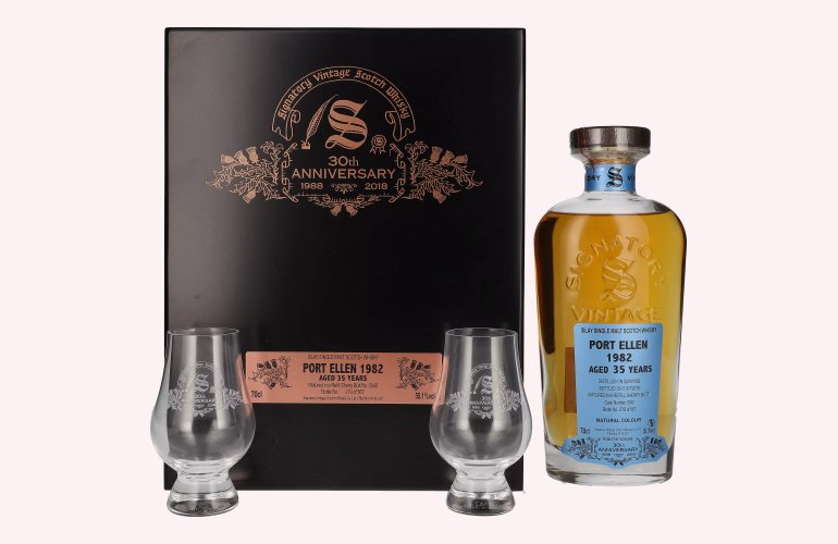 Signatory Vintage PORT ELLEN 35 Years Old 30th ANNIVERSARY 1982 55,1% Vol. 0,7l in Holzkiste avec 2 Verres