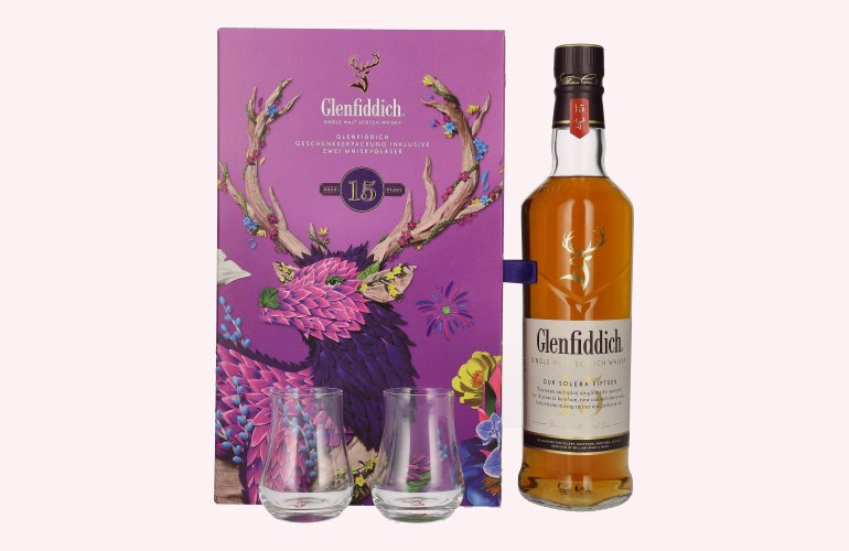 Glenfiddich 15 OUR SOLERA Single Malt Scotch Whisky 40% Vol. 0,7l en boîte cadeau avec 2 Verres