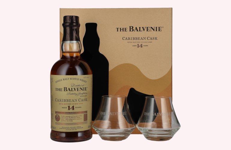 The Balvenie 14 Years Old Caribbean Cask Finish 43% Vol. 0,7l in geschenkverpakking met 2 Bril