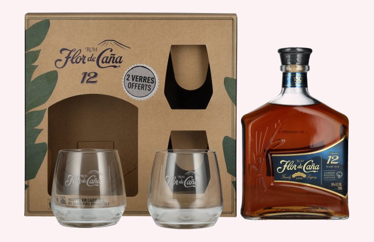 Flor de Caña Centenario 12 Years Old Rum 40% Vol. 0,7l en boîte cadeau avec 2 Verres