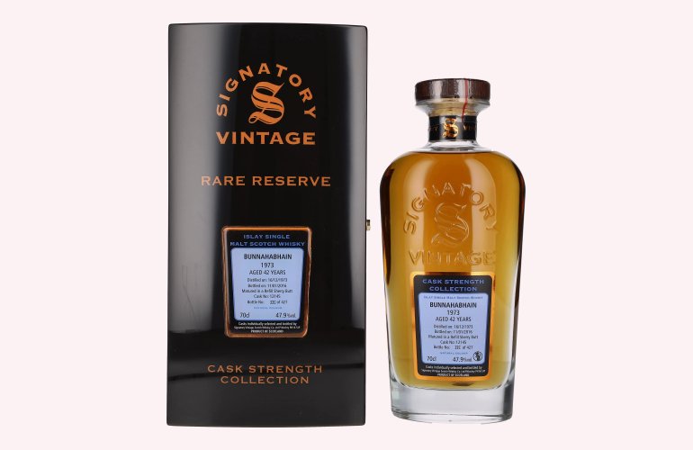 Signatory Vintage BUNNAHABHAIN 42 Years Old RARE RESERVE Cask Strength 1973 47,9% Vol. 0,7l in Holzkiste