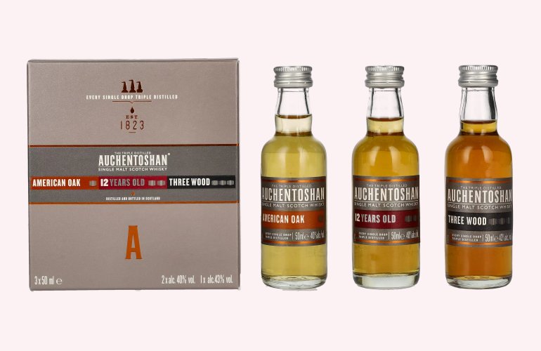 Auchentoshan Gift Collection (American Oak, 12YO, Three Wood) 41% Vol. 3x0,05l in geschenkverpakking