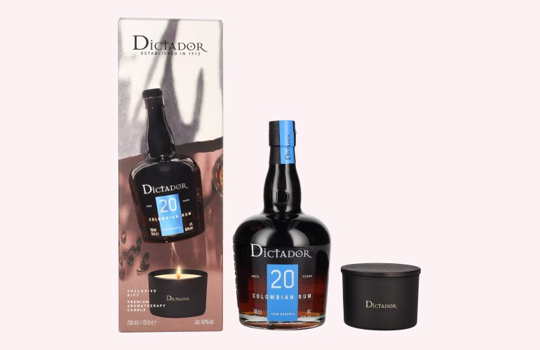 Dictador 20 Years Old ICON RESERVE Colombian Rum 40% Vol. 0,7l in geschenkverpakking met Kerze