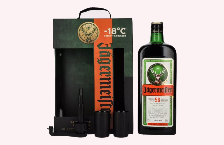 Jägermeister TRAVELLERS' EXCLUSIVE 35% Vol. 1,75l in geschenkverpakking met 2 Shotgläsern en Dosierpumpe