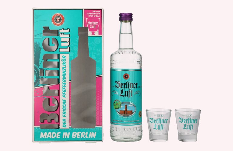 Berliner Luft DER FRISCHE Pfefferminzlikör 18% Vol. 0,7l in geschenkverpakking met 2 Bril