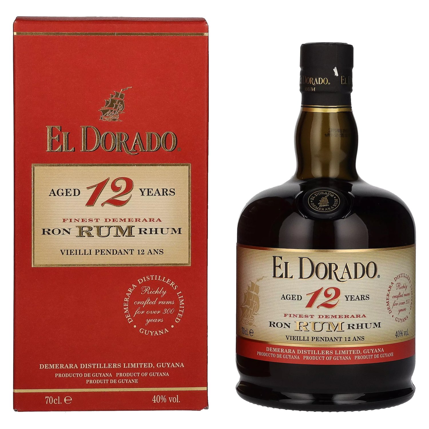 40% Rum El Giftbox Finest in Demerara 12 Vol. Old Dorado 0,7l Years