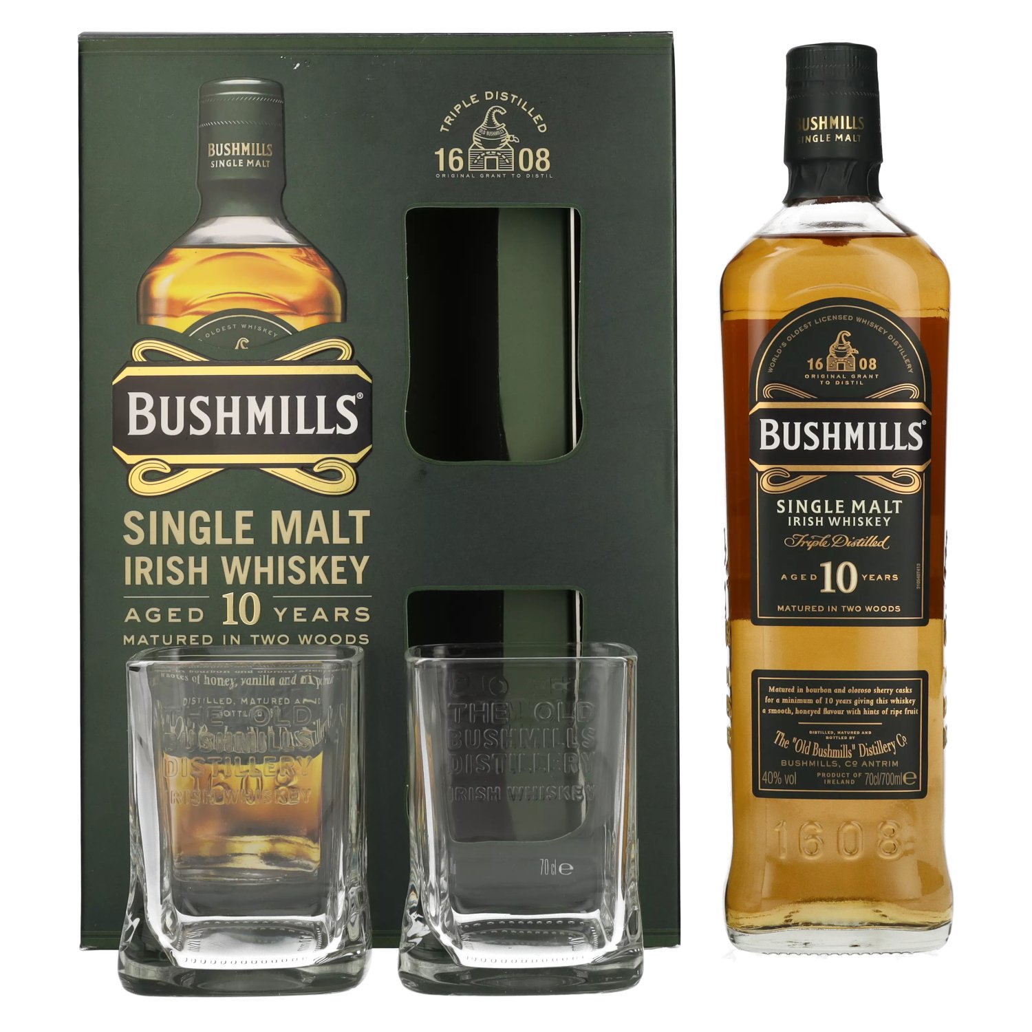Bushmills 10 Vol. 40% Giftbox Irish Single in 2 0,7l with Malt Old Years Whiskey glasses