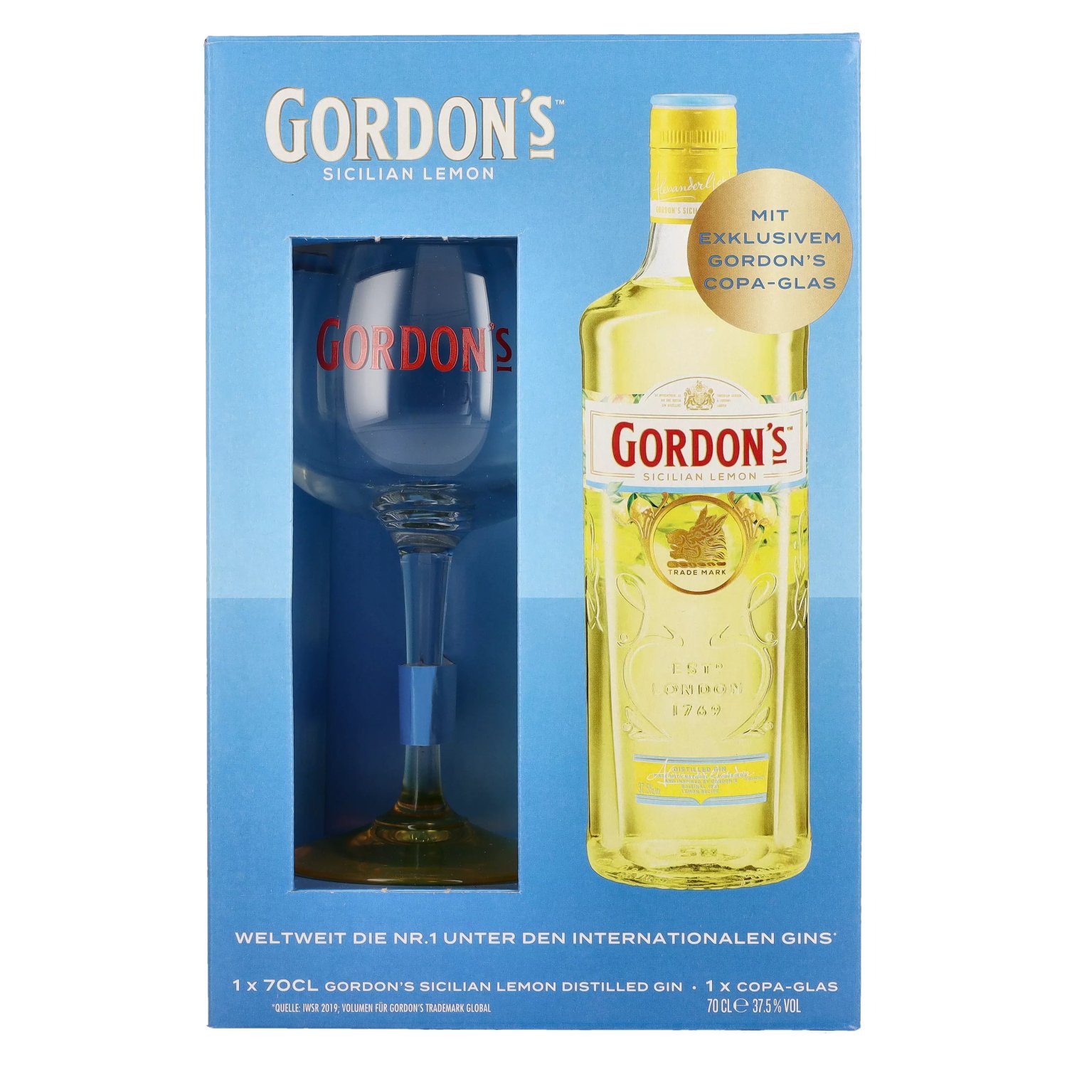 Gordon\'s 37,5% LEMON glass Vol. Distilled in Gin Giftbox with 0,7l SICILIAN