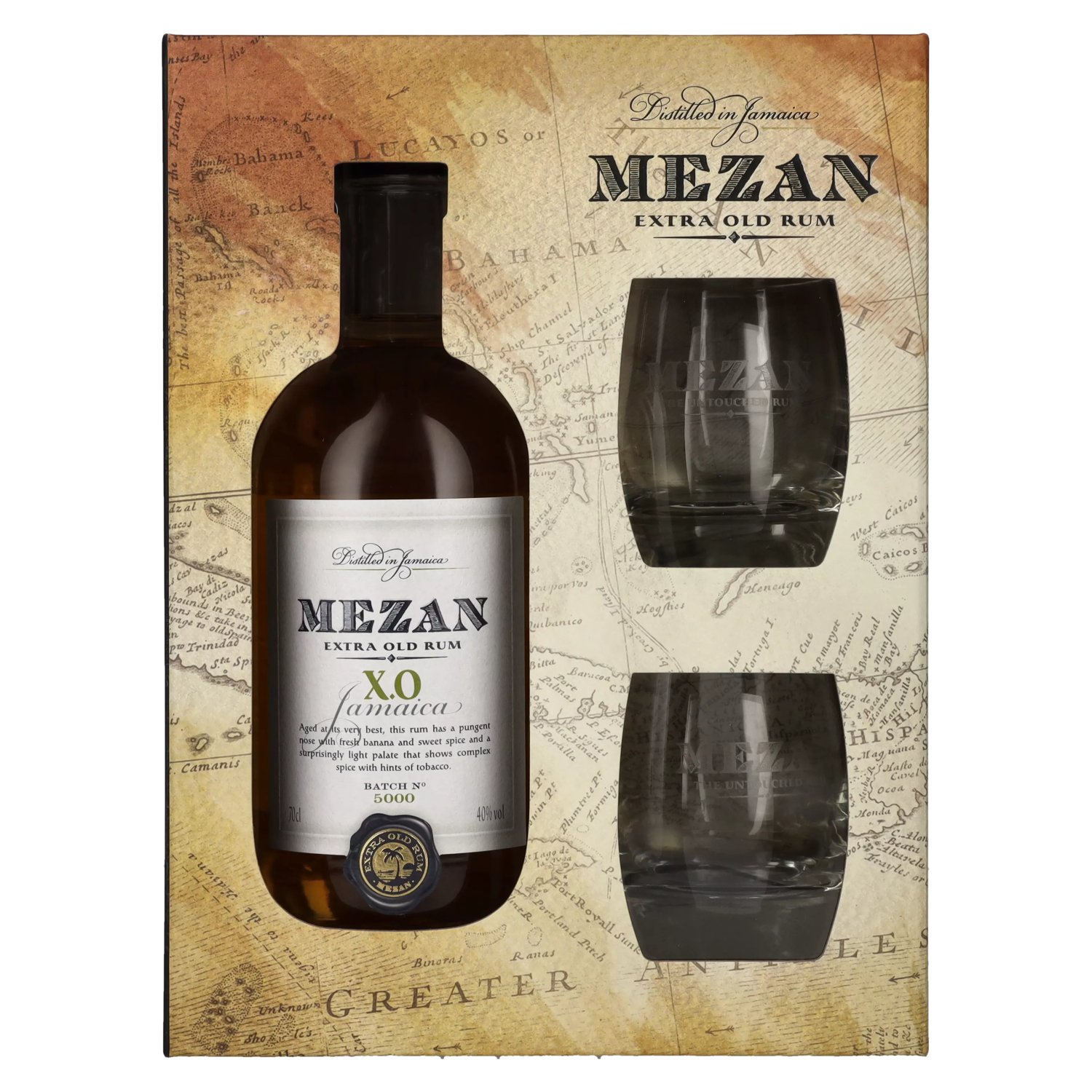 40% 0,7l Giftbox Rum XO Mezan Jamaican 2 Vol. in glasses with